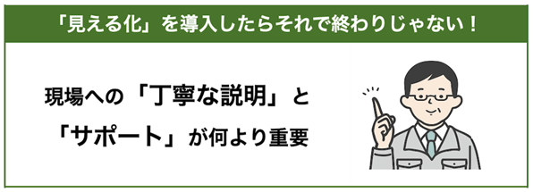 「見える化」導入後の注意点として最後にお伝えしたいのは、『現場への丁寧な説明とサポートを怠らない』ことです。