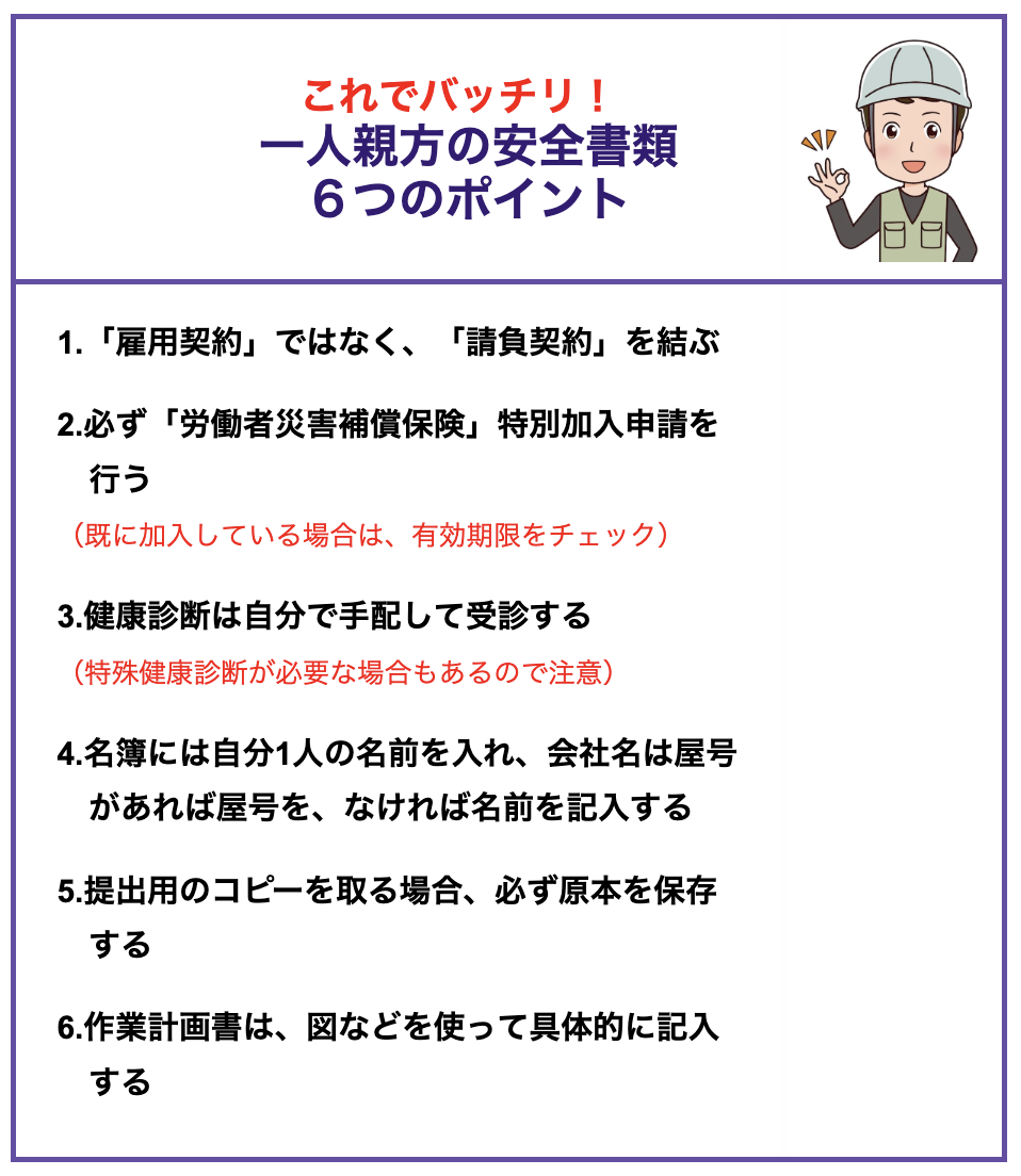 一人親方ならではの「安全書類」のポイントは6つあります。