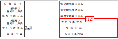 専門技術者名・資格内容・担当工事内容