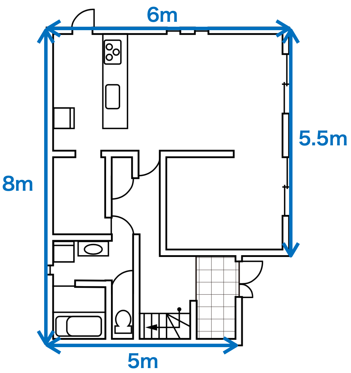 今回は、以下のような形の戸建て住宅の青線の面に外部本足場を架けると仮定します。