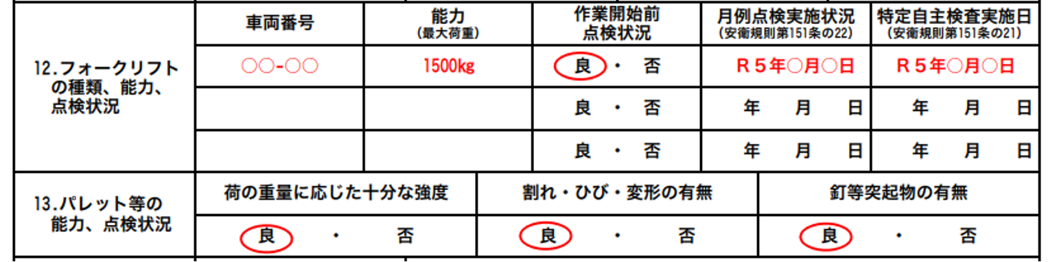 使用するフォークリフトの機種情報を記載する