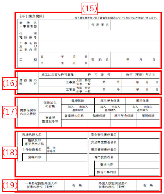 再下請負通知書の2枚目の再下請負関係の項目は、1枚目を見ればすべて埋められます。