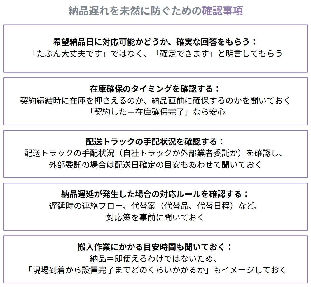 納品遅れを未然に防ぐために、見積もりや契約前に次のポイントを必ず確認しておきましょう。