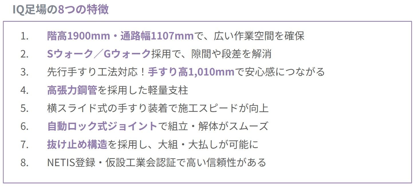 Iq足場(Iq Syetem)は「作業する人の快適さ」を重視した設計が特徴の次世代足場です。