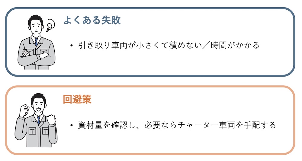 自社引き取りの場合は、1〜4tトラックが必要となることもあるため、車両サイズに注意が必要です。

また、資材はパレット積みやバラの状態で渡されることが多く、運搬にはそれなりの人員と時間がかかります。事前に資材量を把握し、適切な車両・人員を確保しておきましょう。