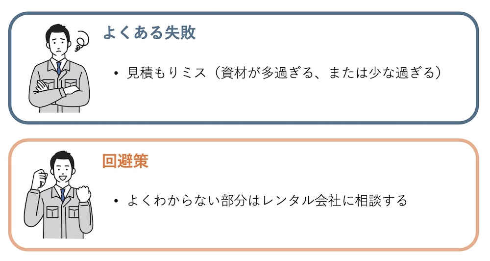 あるいは、図面や現地写真をレンタル会社に渡して、資材リストの作成を依頼することも可能です。