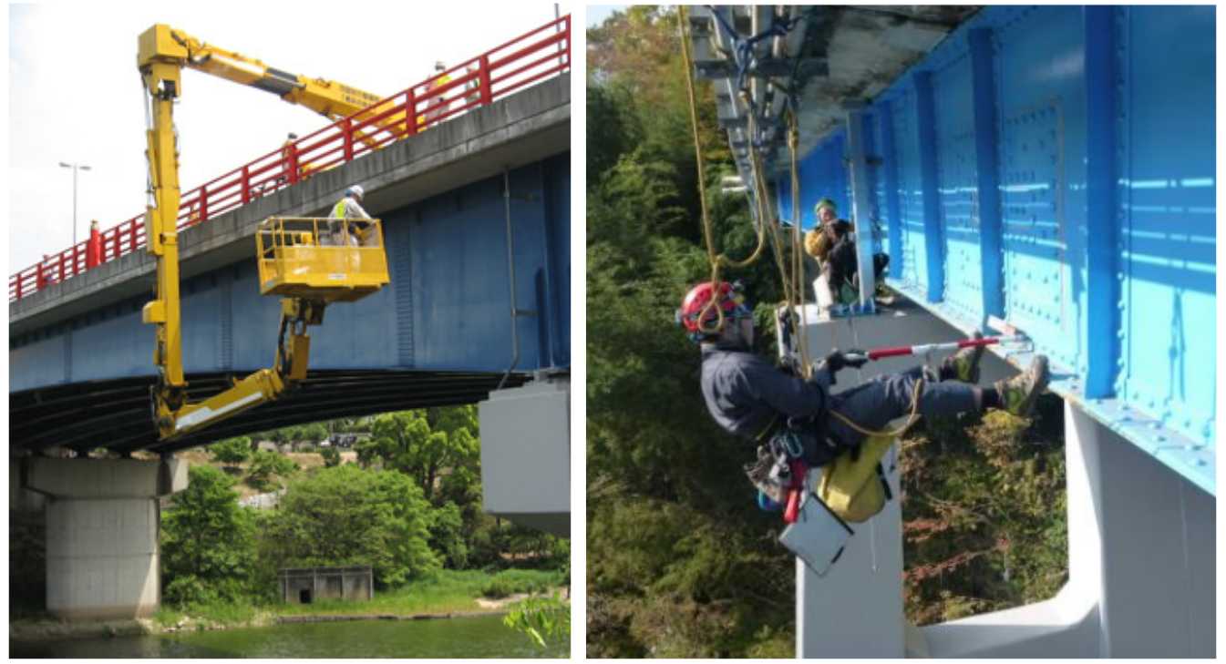高所作業車や橋梁点検車を使うほか、法面での高所作業と同様にロープに作業員がぶら下がって作業する方法も取られます。