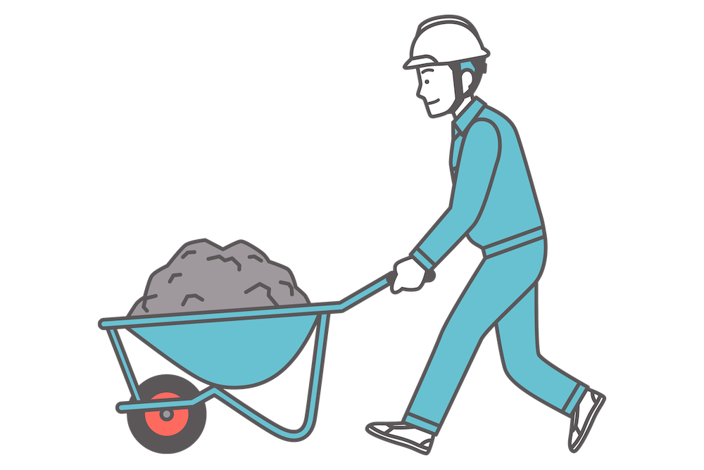 運搬にはダンプカーなどの車両を使うのが一般的ですが、たとえばごく小規模な現場で出る少量の土砂などを、ネコ（手押し車）を使って人力で運ぶこともあります。