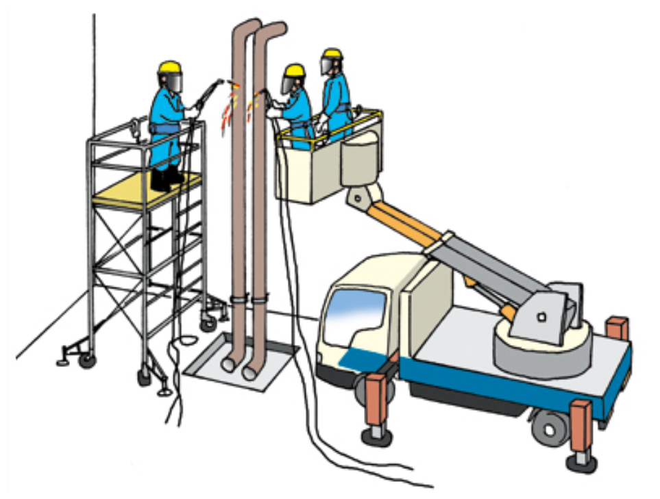 たとえば、高所にあるバルブの操作や配管補修などの際には、移動式足場や小型の高所作業車などを使って作業します。