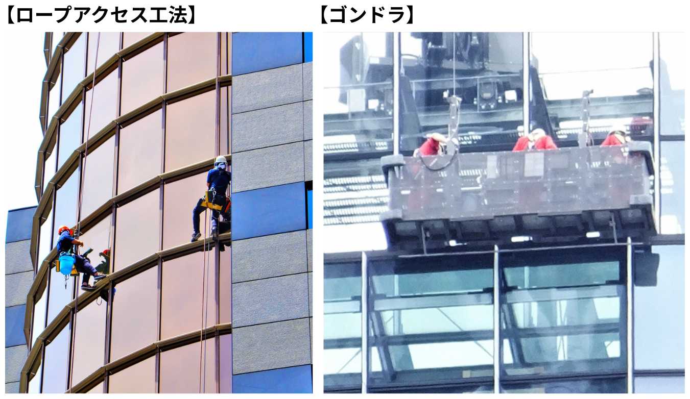 高層ビルの窓ガラス清掃であれば、屋上からつるしたロープとブランコで作業員の体を支えるロープアクセス工法のほか、ゴンドラや高所作業車といった機械が用いられます。